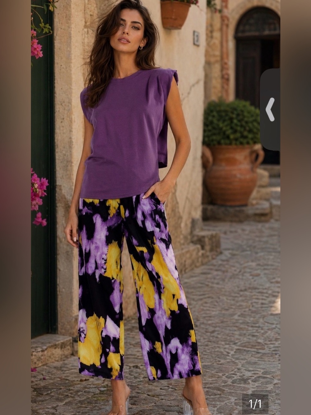 Women’s Printed Wide-Leg Pants in Black, Purple & Yellow with Matching Top